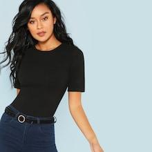 Romwe Solid Fitted Rib Knit Tee