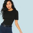 Romwe Solid Fitted Rib Knit Tee