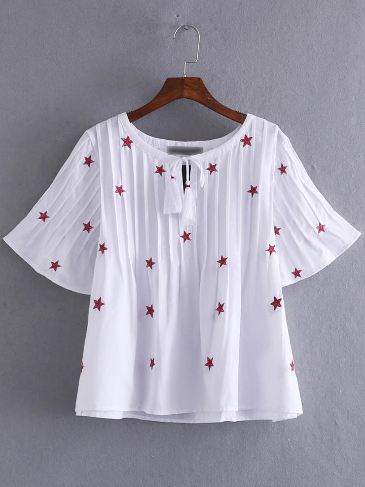Romwe White Bell Sleeve Self Tie Star Broomstick Blouse