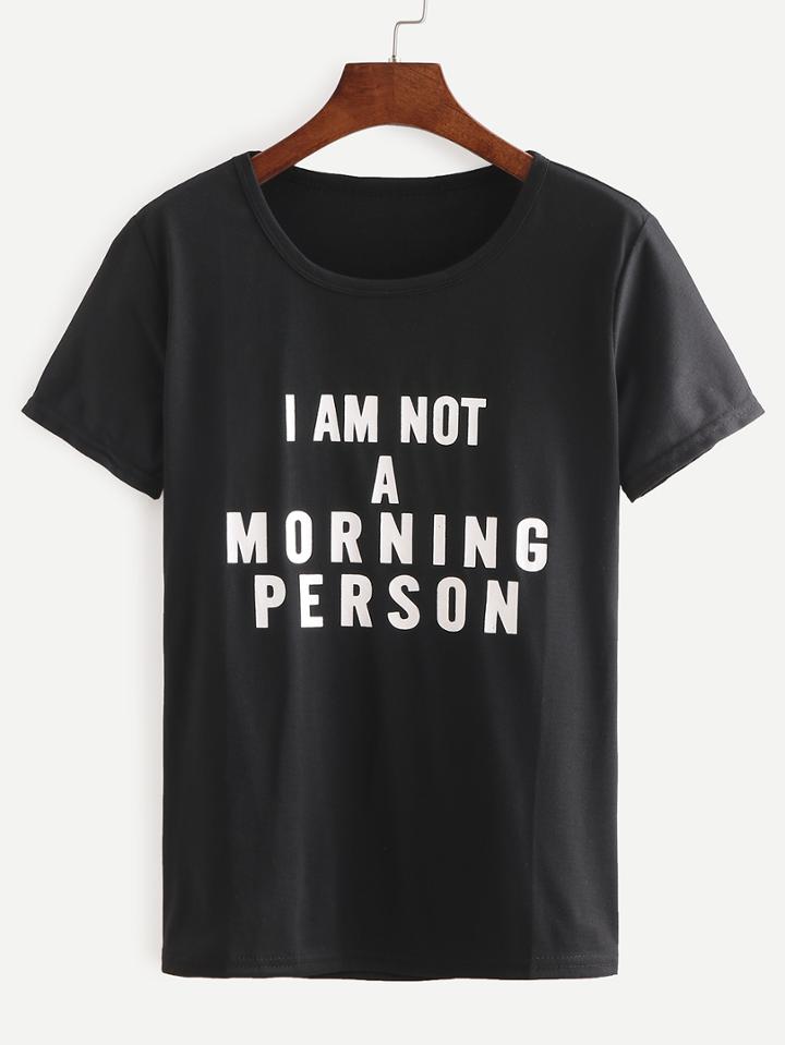 Romwe Black Letters Print Long T-shirt