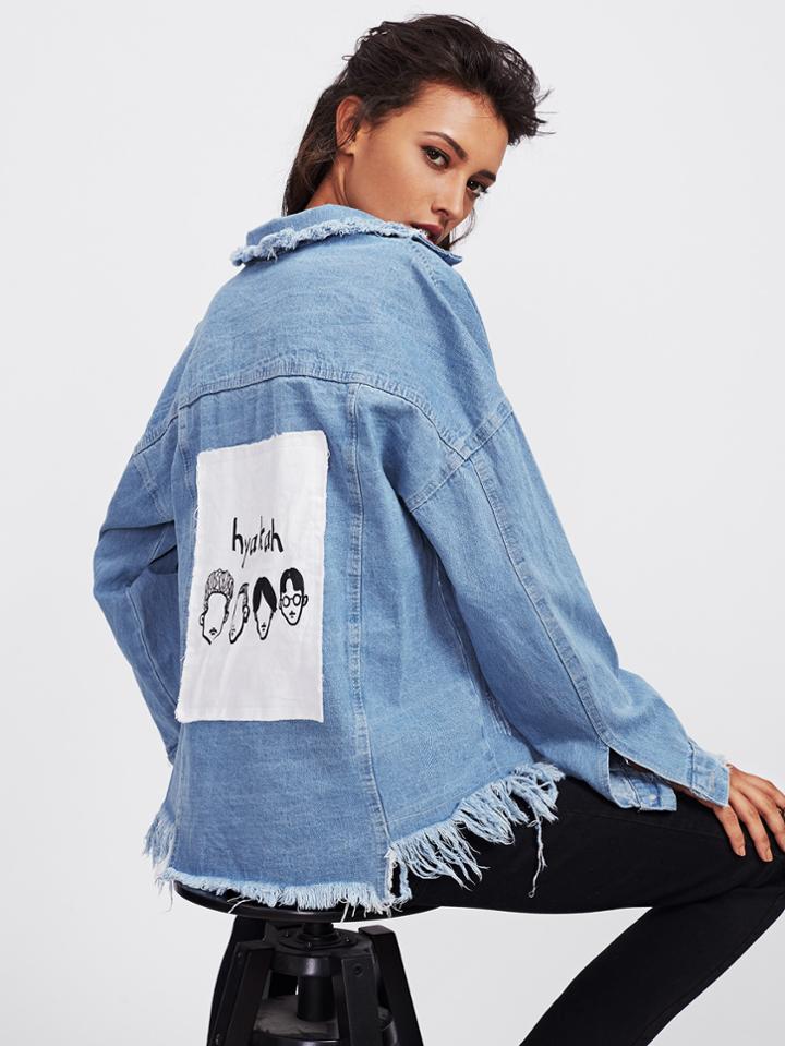Romwe Patch Back Frayed Edge Denim Jacket