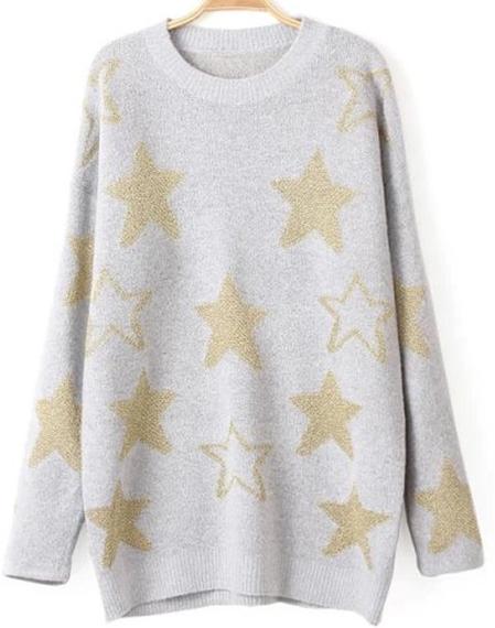 Romwe Stars Print Loose Knit Grey Sweater