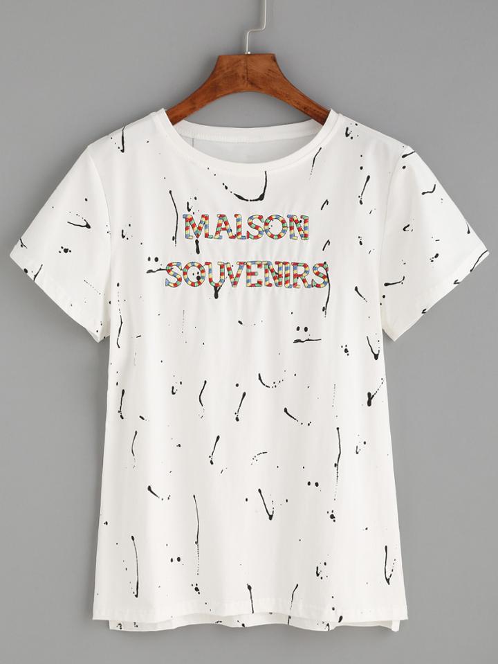 Romwe White Paint Splatter Print Embroidered T-shirt