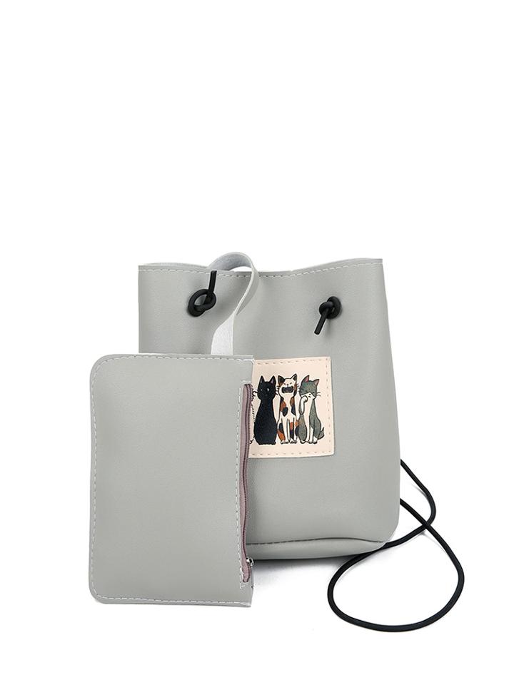 Romwe Cat Pattern Pu Shoulder Bag With Purse