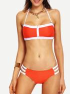 Romwe Color Block Zip Front Ladder-cutout Bikini Set