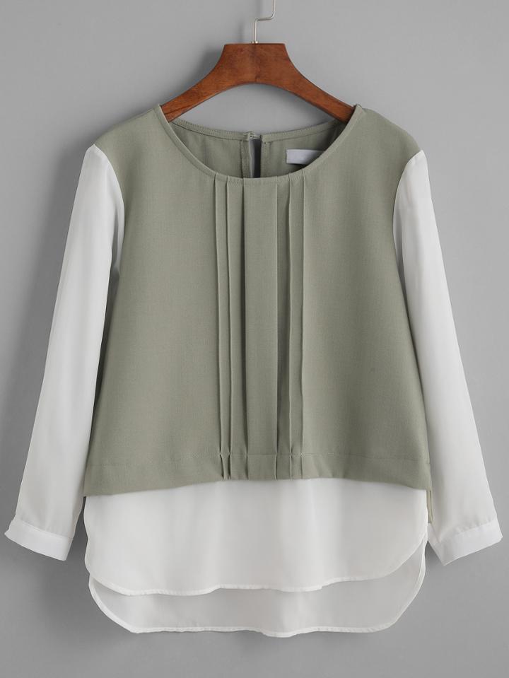 Romwe Color Block Dip Hem Pleated Keyhole Back Blouse