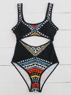 Romwe Black Tribal Print Cutout Detail One-piece Swimwear