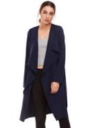 Romwe Navy Lapel With Pocket Long Outerwear