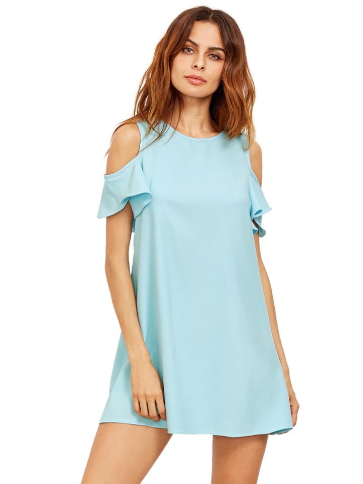 Romwe Blue Cold Shoulder Ruffle Sleeves Shift Dress