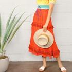 Romwe Neon Orange Tassel Trim Button Up Crepe Skirt