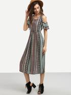Romwe Multicolor Open Shoulder High Waist Vintage Print Dress