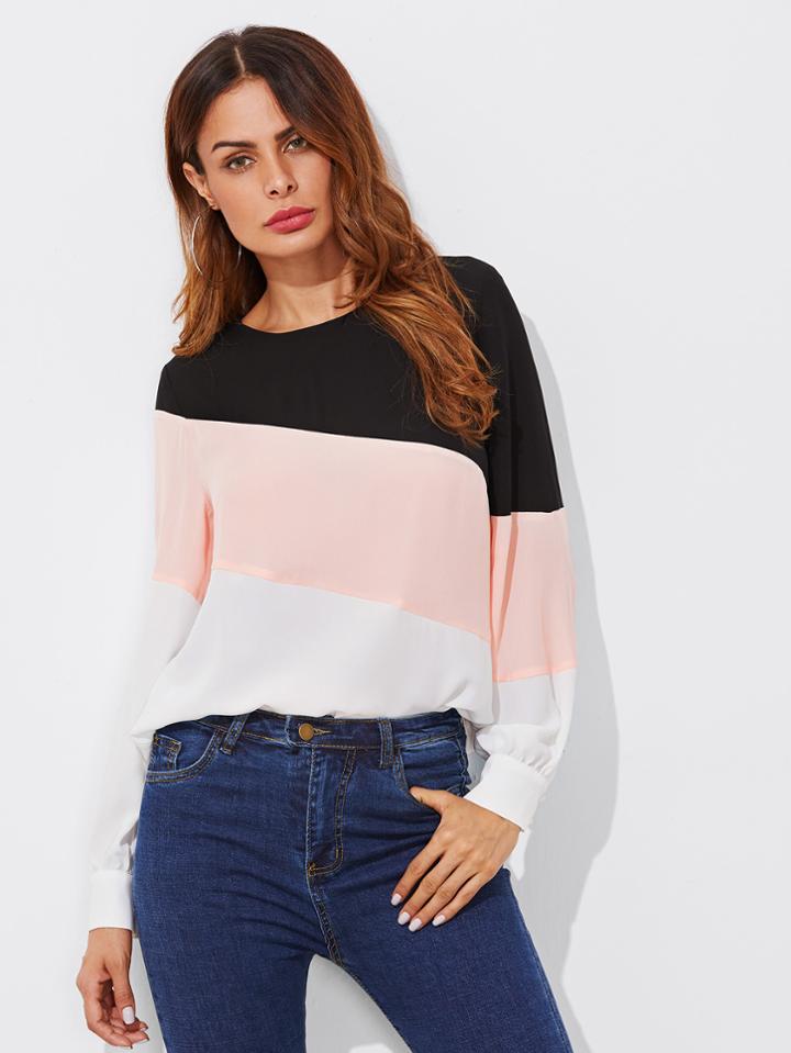 Romwe Cut And Sew Buttoned Keyhole Back Blouse