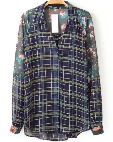 Romwe Check Print Floral Chiffon Blouse