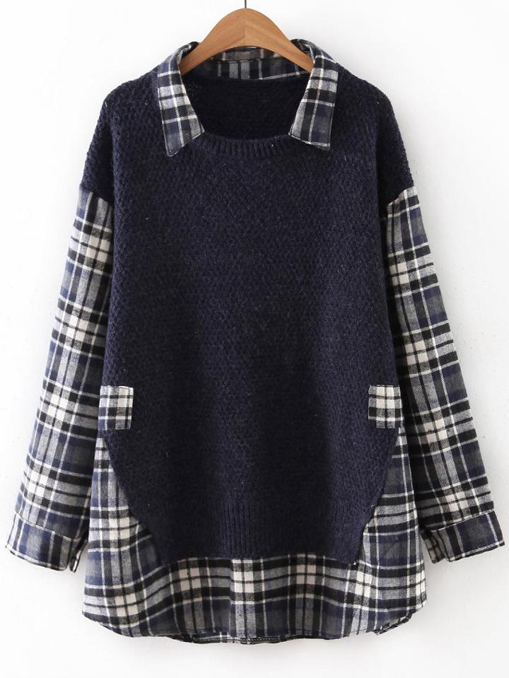 Romwe Navy Plaid Drop Shoulder 2 In 1 Sweater