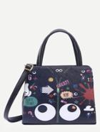 Romwe Black Graffiti Print Structured Satchel Bag