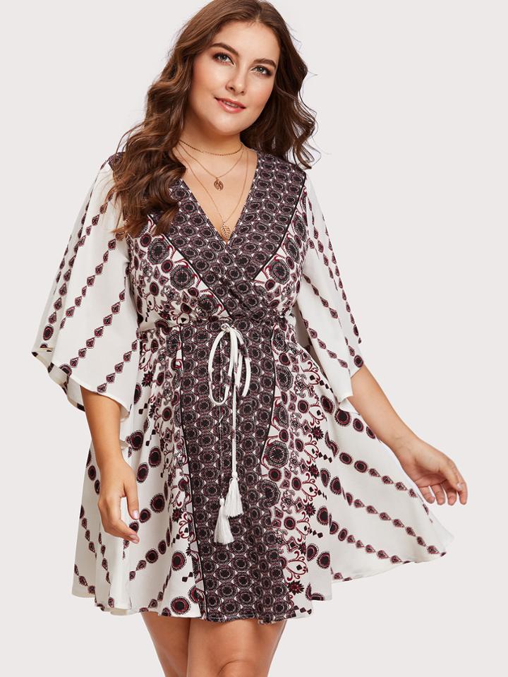 Romwe Flutter Sleeve Tasseled Drawstring Ornate Wrap Dress