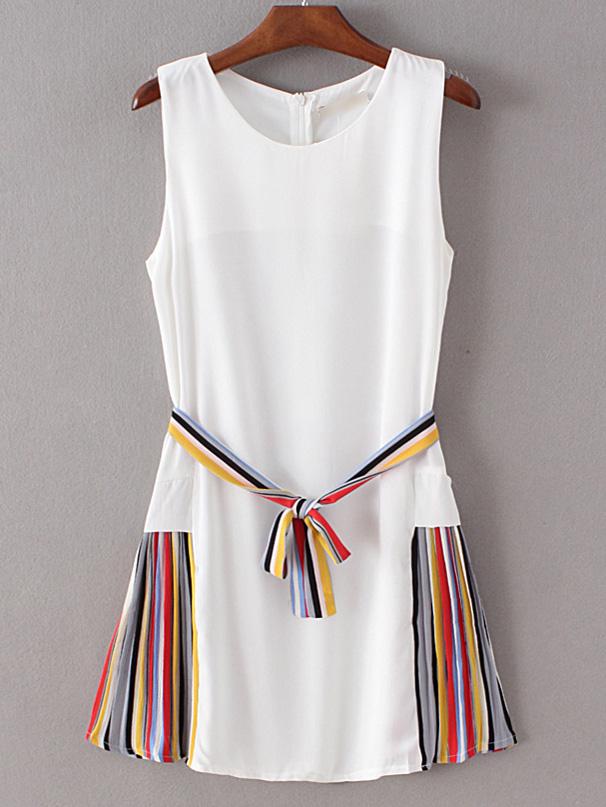 Romwe White Striped Side Tie Waist Sleeveless Dress