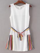 Romwe White Striped Side Tie Waist Sleeveless Dress