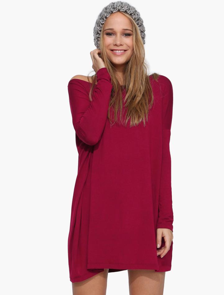 Romwe Wine Red Long Sleeve Casual Dress