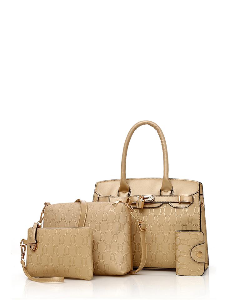 Romwe Twist Lock Detail Pu Combination Bag 4pcs