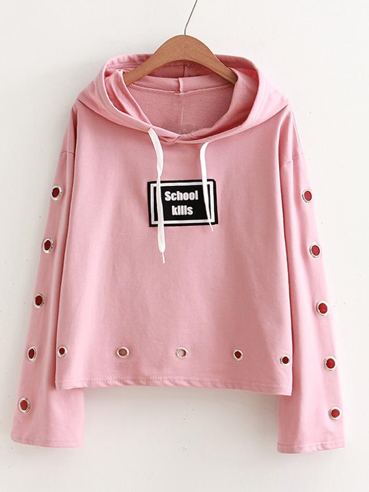 Romwe Eyelet Design Slogan Print Hoodie