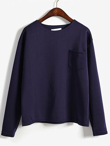 Romwe Long Sleeve Pocket Purple T-shirt