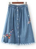 Romwe Blue Flower Embroided Raw Hem A Line Denim Skirt
