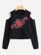Romwe 3d Rose Embroidered Patch Clod Shoulder Sweatshirt