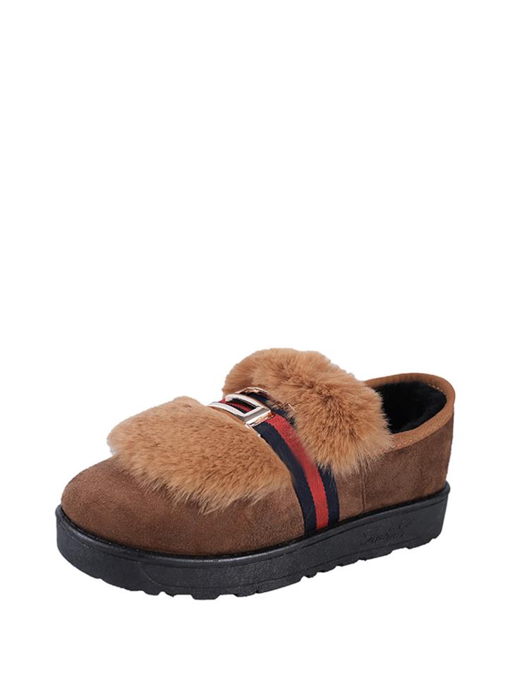 Romwe Faux Fur Decorated Stripe Tape Detail Flats