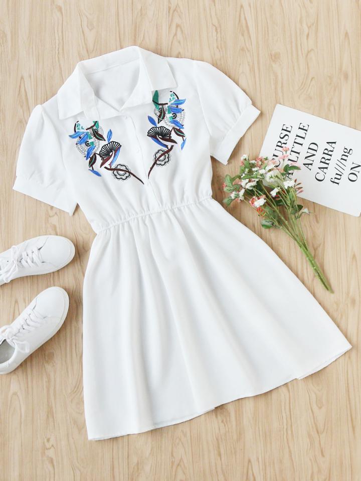 Romwe Embroidered Elastic Waist Shirt Dress