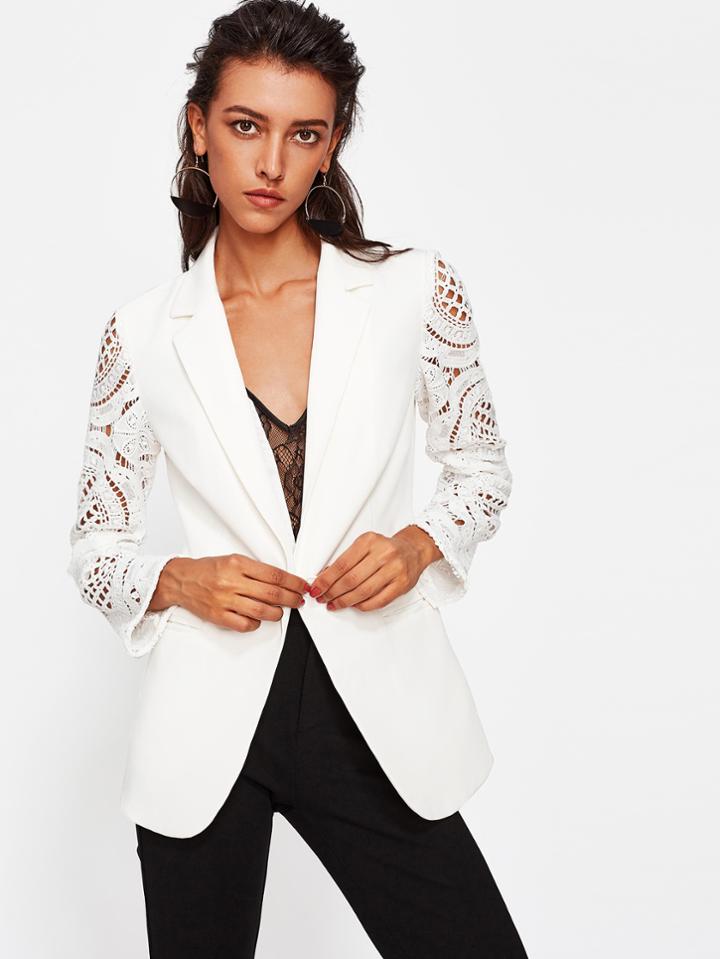 Romwe Geo Crochet Sleeve Notch Collar Blazer