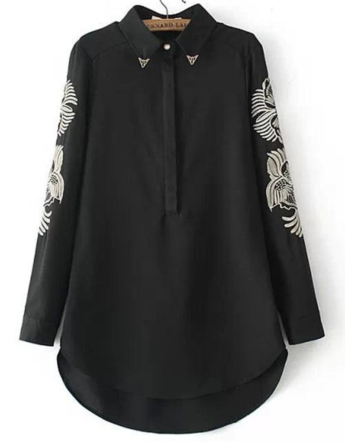 Romwe Lapel Embroidered Dipped Hem Black Blouse