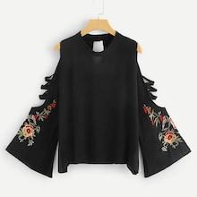 Romwe Open Shoulder Floral Embroidered Blouse
