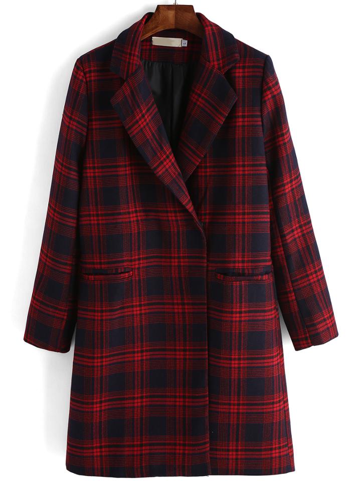 Romwe Lapel Plaid Covered Button Long Coat