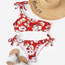 Romwe Random Floral One Shoulder Top With Tie Side Bikini