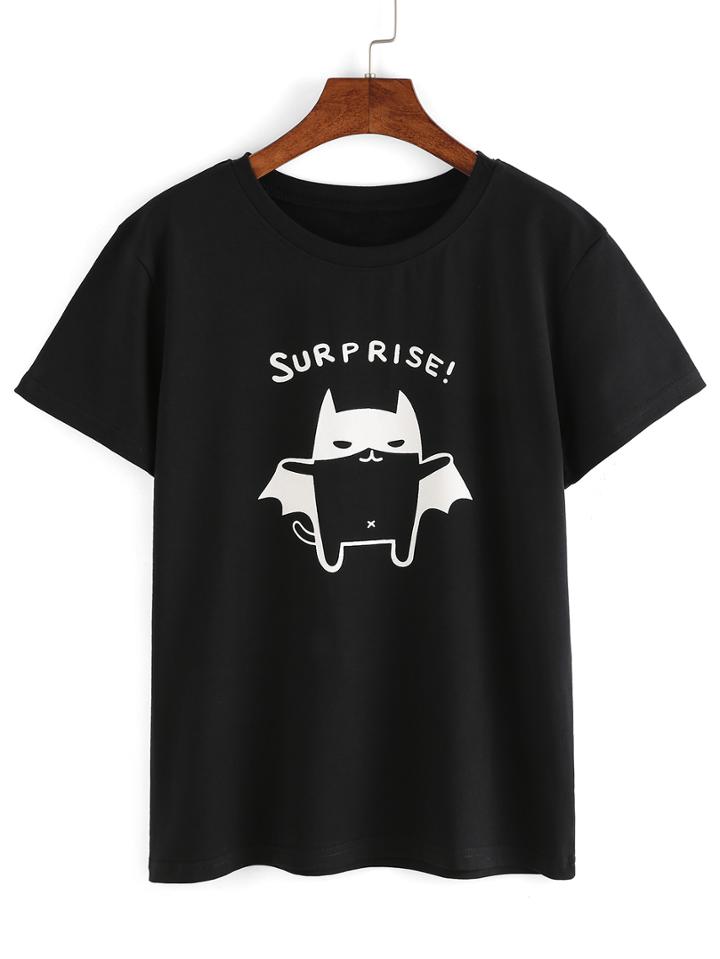 Romwe Black Cartoon Print Short Sleeve T-shirt