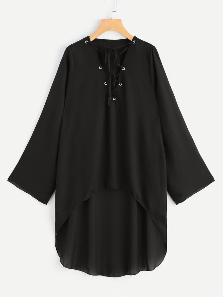 Romwe Lace Up V Neck High Low Chiffon Beach Cover Up