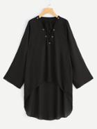 Romwe Lace Up V Neck High Low Chiffon Beach Cover Up