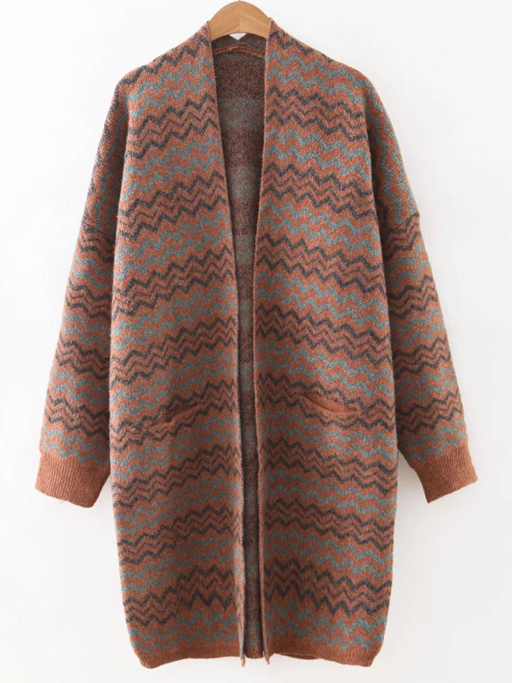 Romwe Khaki Wave Print Collarless Pocket Long Cardigan