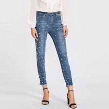 Romwe Pearl Beaded Frayed Hem Jeans