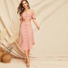 Romwe Crop Ruffle Cami Top & Buttoned Curved Hem Skirt Set