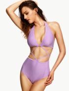 Romwe Purple Halter Neck Caged One Piece Swimwear