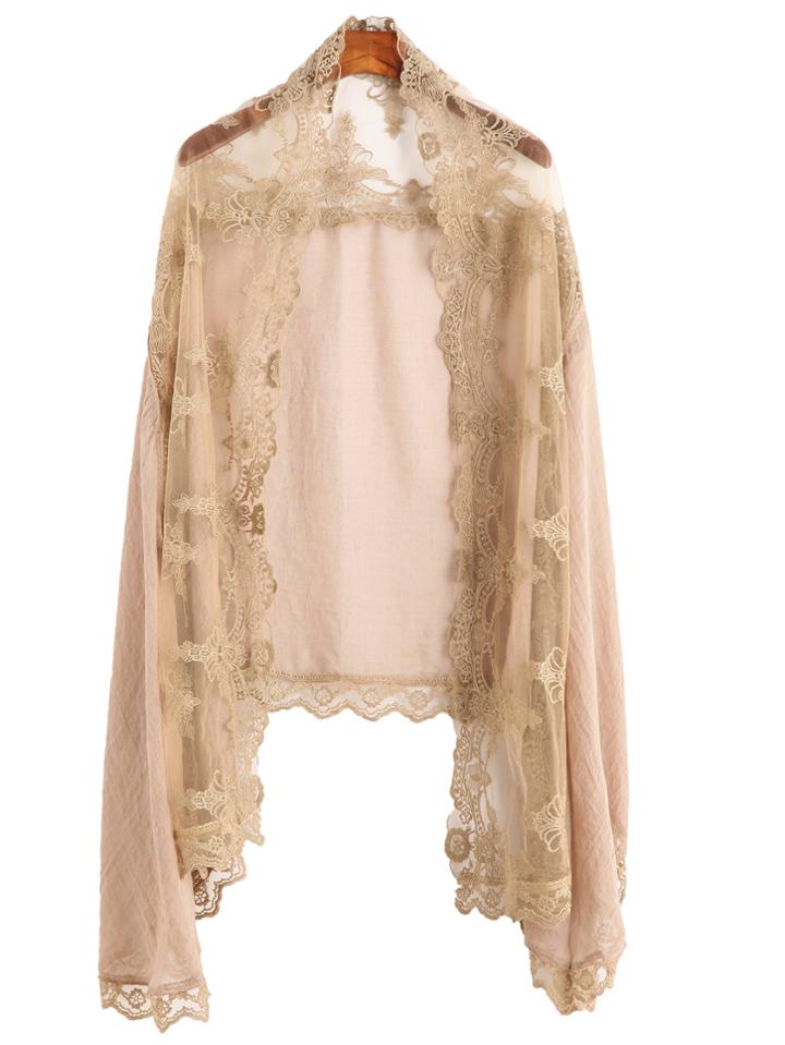 Romwe Khaki Floral Lace Voile Scarf