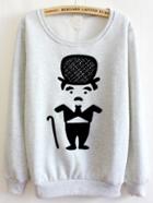 Romwe Grey Long Sleeve Cartoon Chaplin Print Sweatshirt