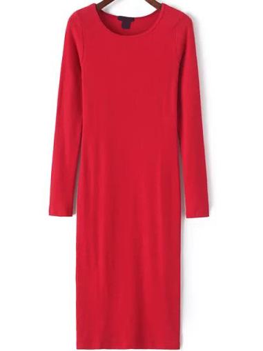 Romwe Round Neck Long Sleeve Slim Red Dress