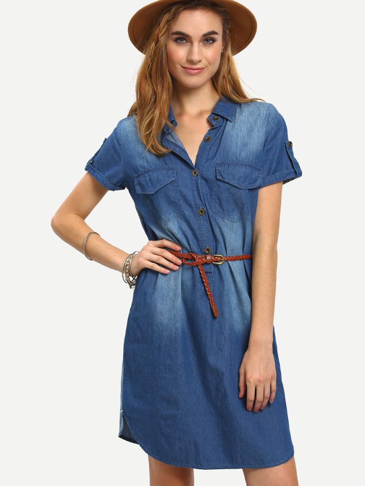 Romwe Belted Dual Flap Pocket Denim Shirt Dress