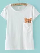 Romwe Fox Print With Pocket T-shirt