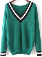 Romwe V Neck Varsity-striped Green Sweater