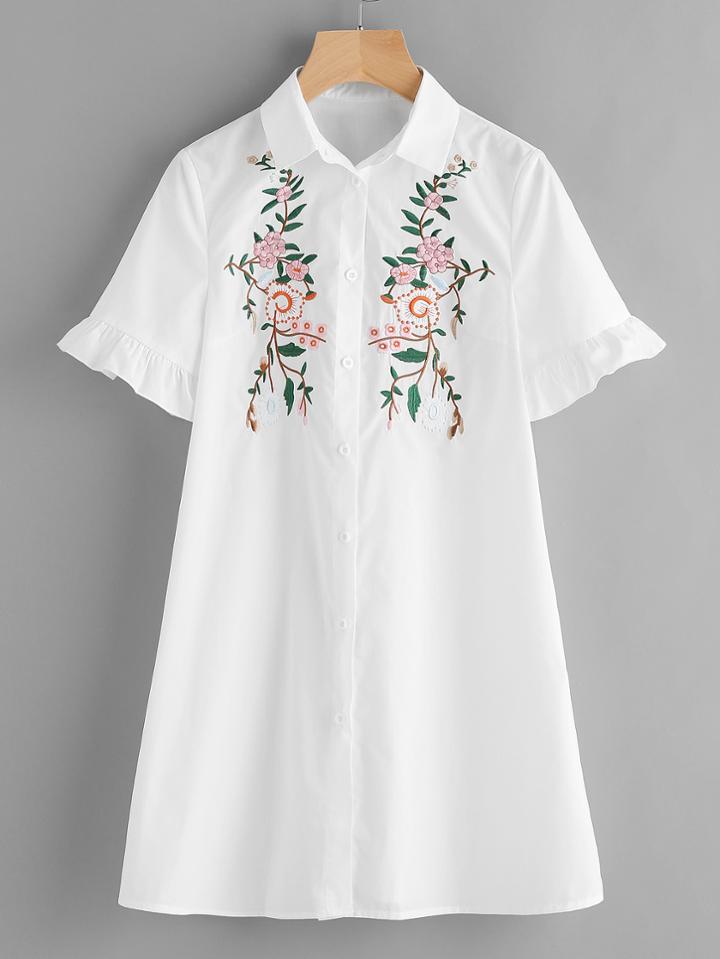 Romwe Blossom Embroidered Ruffle Sleeve Shirt Dress
