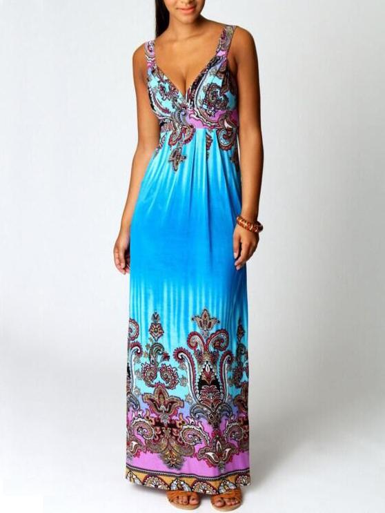 Romwe Deep V Neck Sleveless Tribal Print Maxi Dress